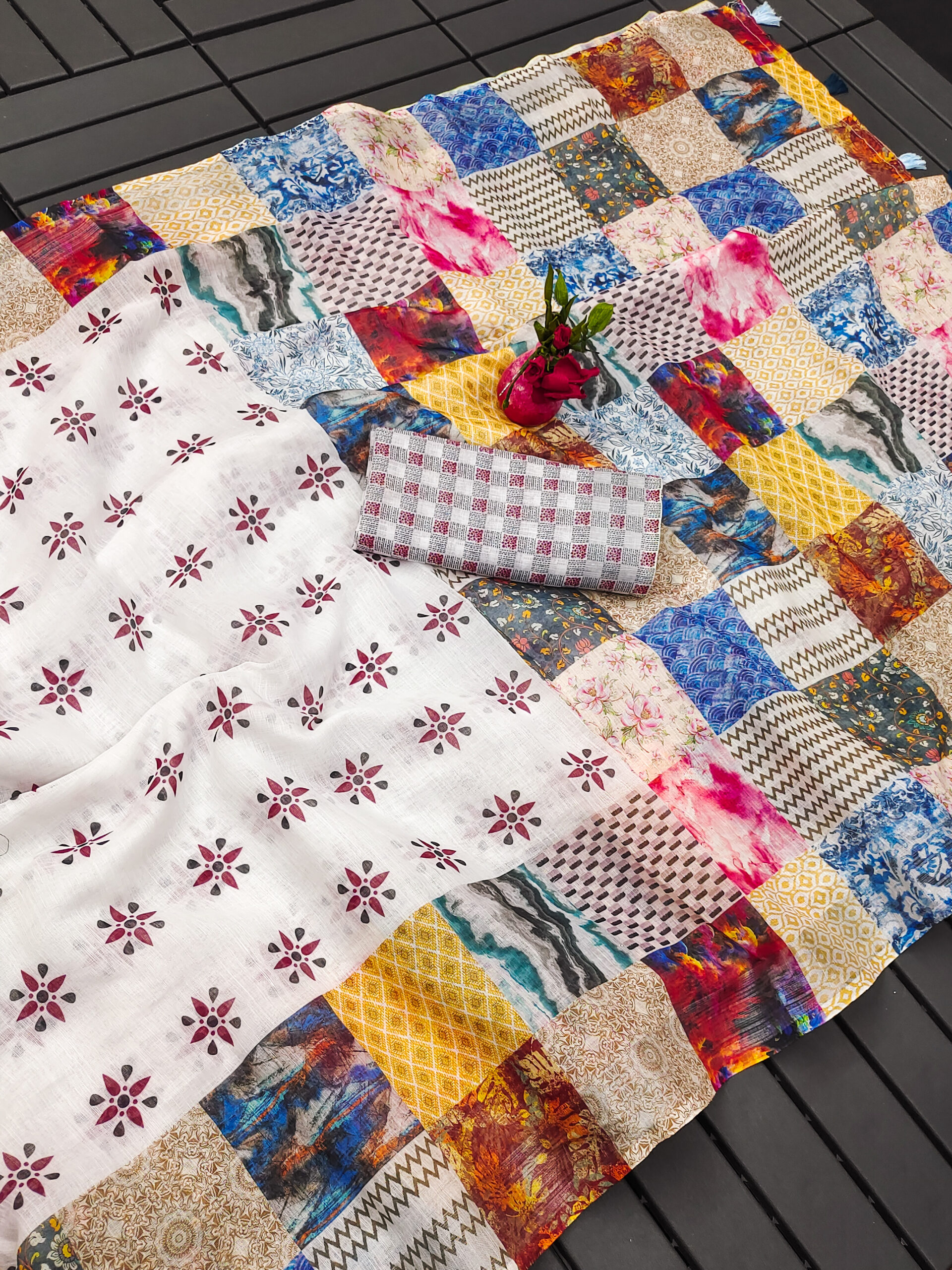 PATCHWORK ELEGANCE LINEN COTTON SAREE - Image 8