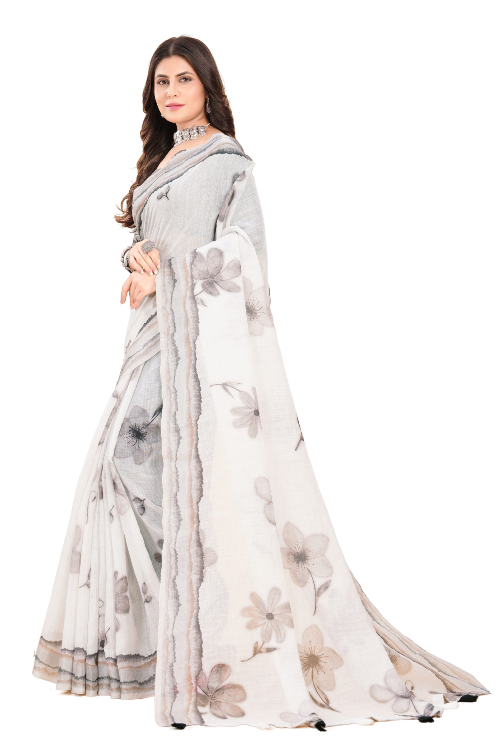 ETHEREAL BLOSSOM LINEN COTTON SAREE - Image 2