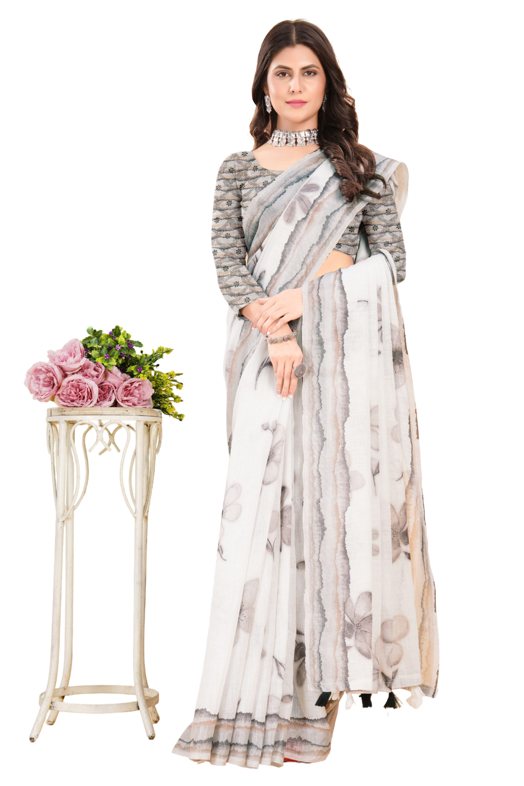 ETHEREAL BLOSSOM LINEN COTTON SAREE - Image 3