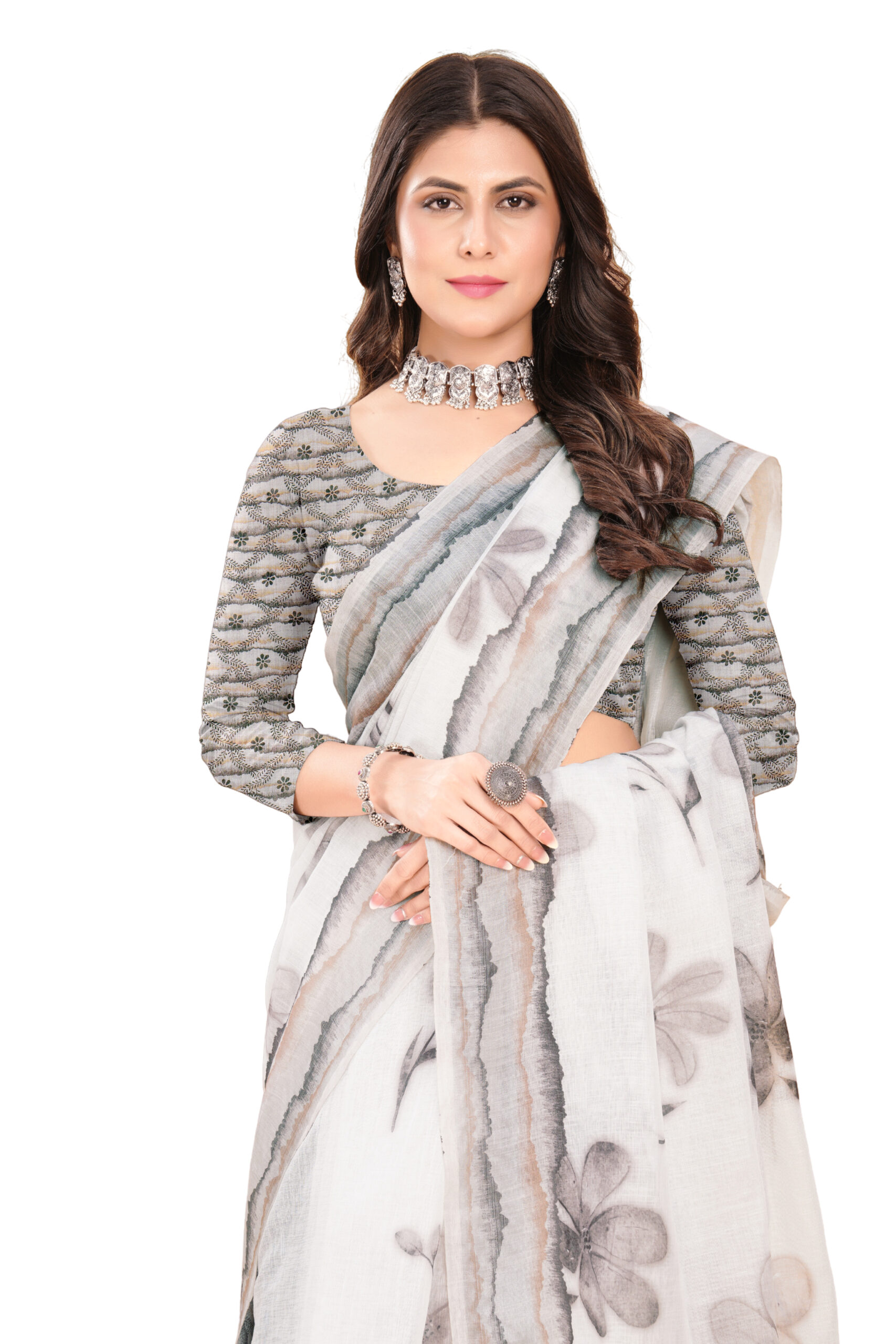 ETHEREAL BLOSSOM LINEN COTTON SAREE - Image 4