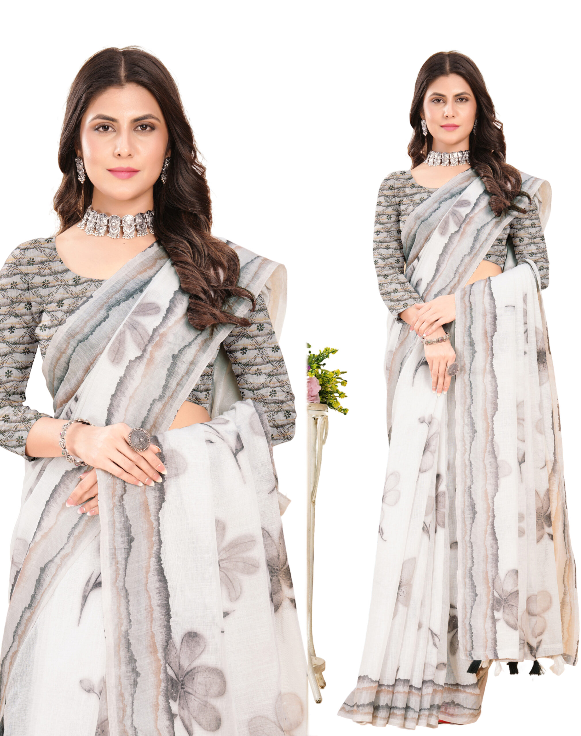 ETHEREAL BLOSSOM LINEN COTTON SAREE - Image 5