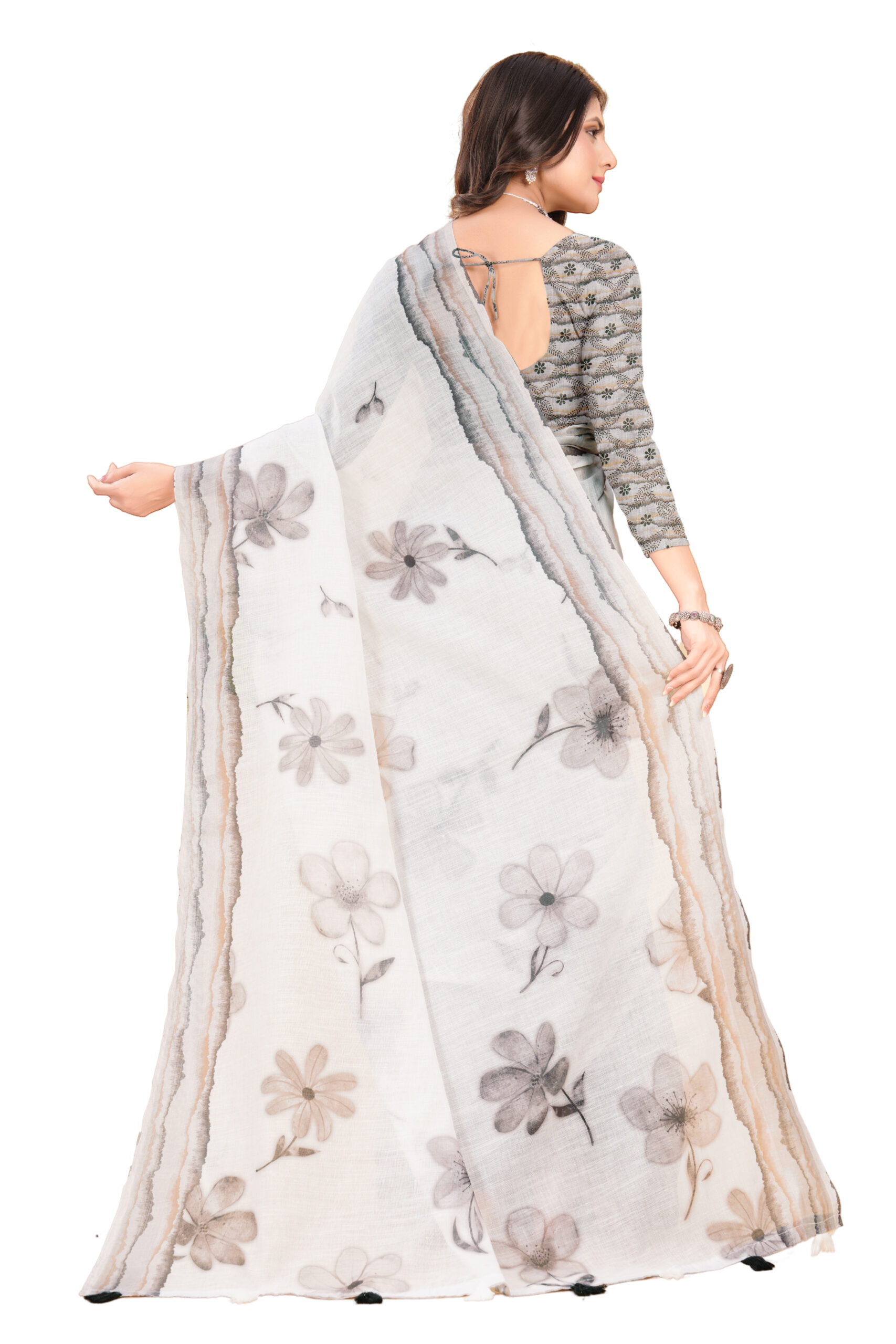 ETHEREAL BLOSSOM LINEN COTTON SAREE - Image 6