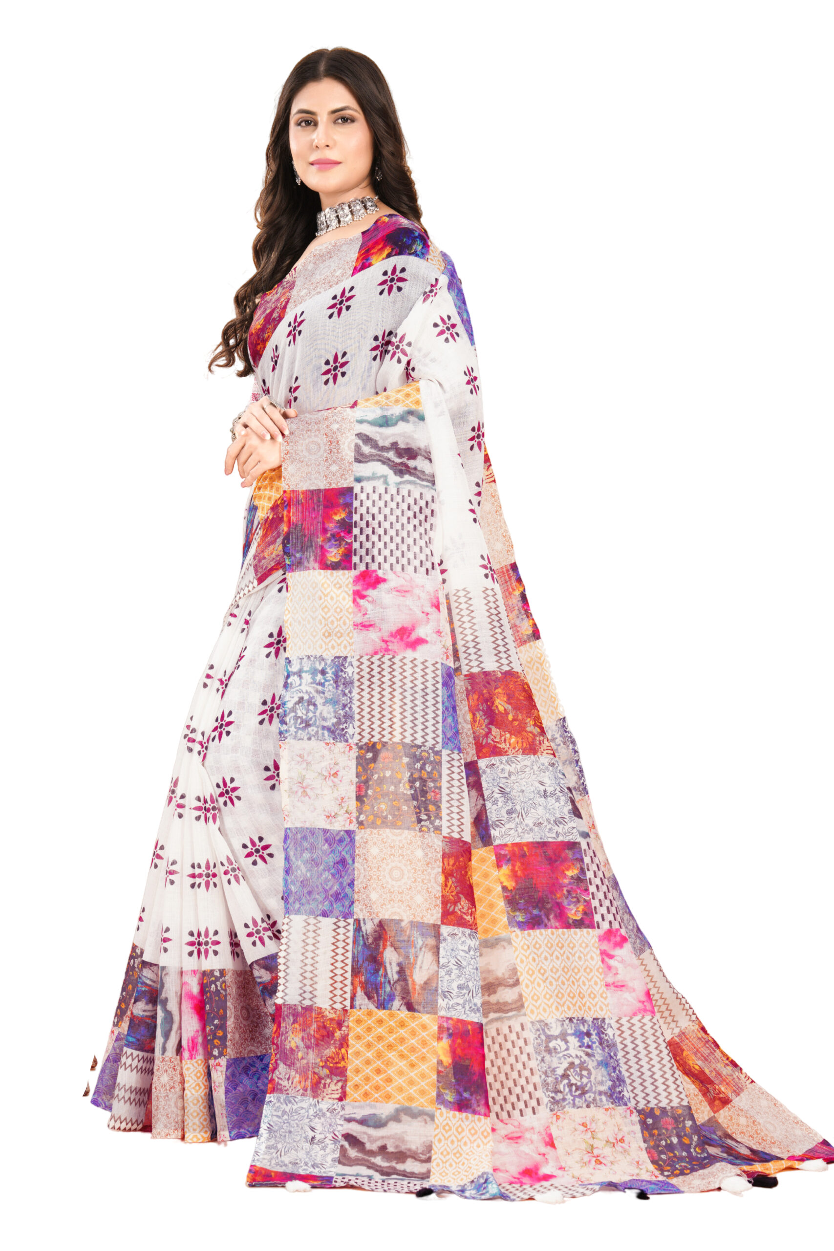 PATCHWORK ELEGANCE LINEN COTTON SAREE - Image 2