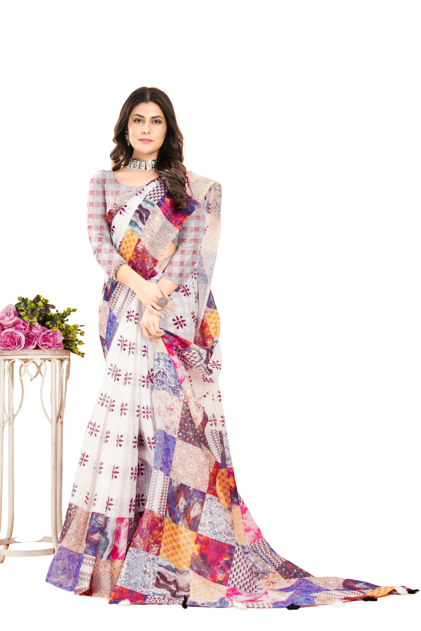 PATCHWORK ELEGANCE LINEN COTTON SAREE - Image 3