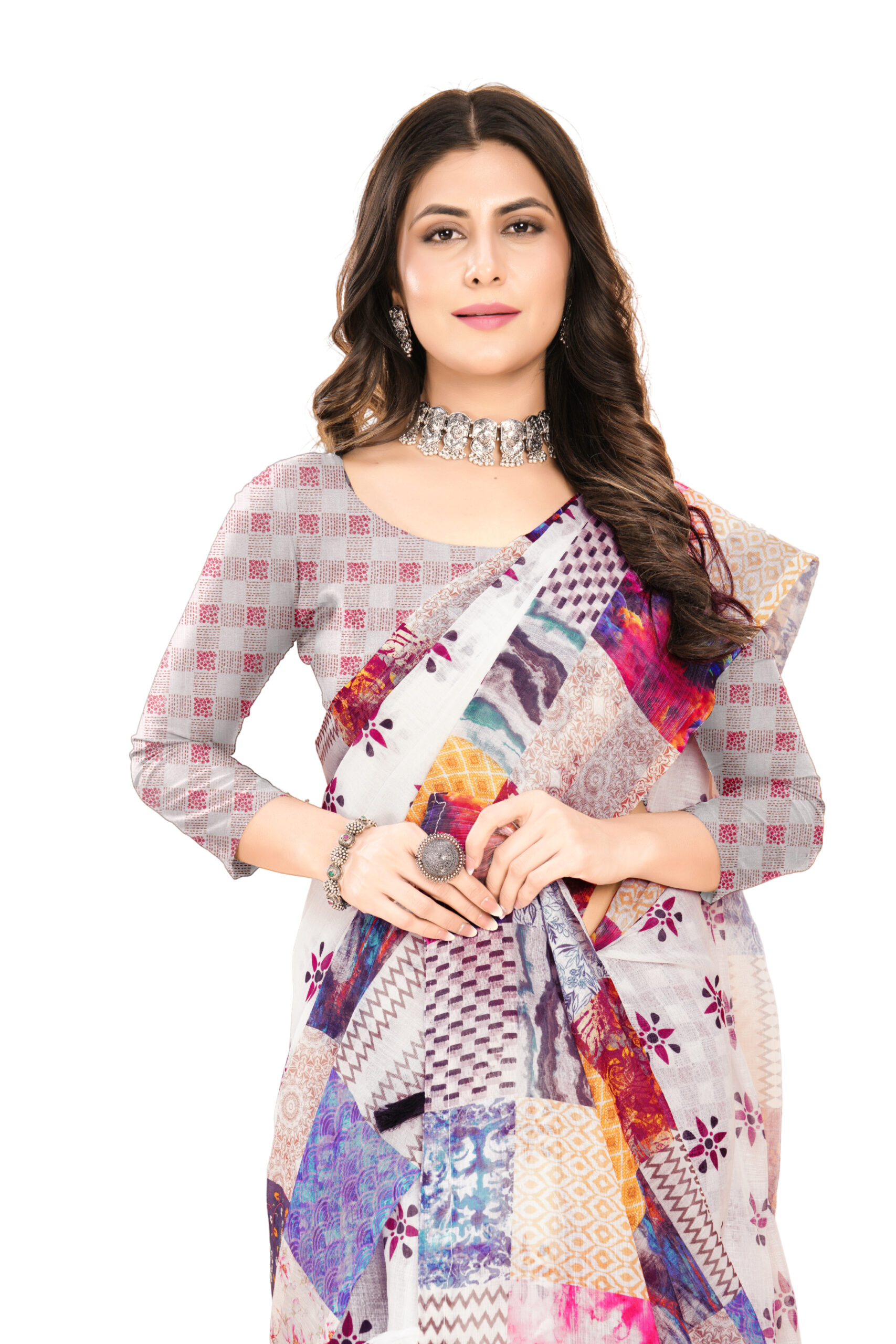 PATCHWORK ELEGANCE LINEN COTTON SAREE - Image 4