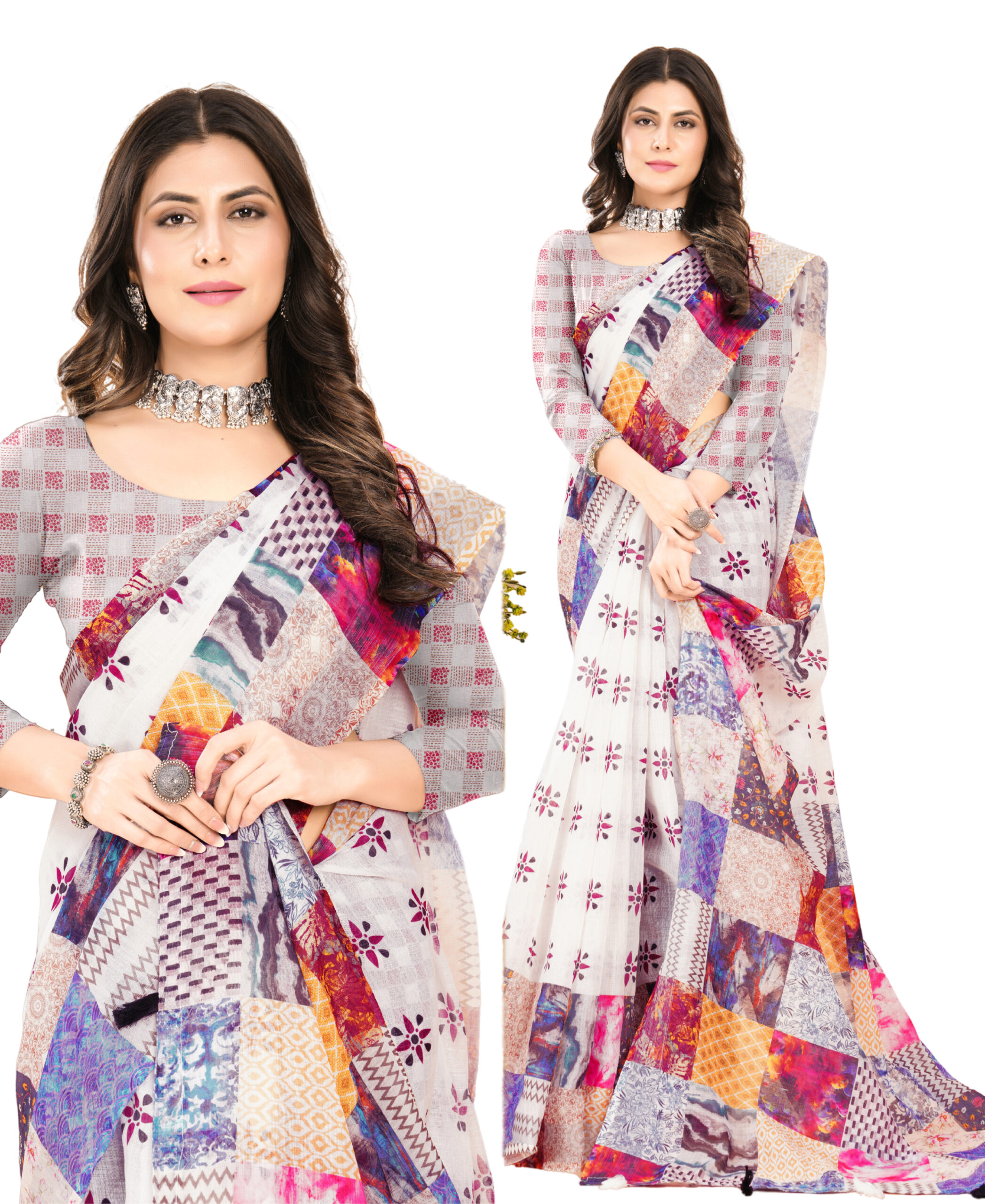 PATCHWORK ELEGANCE LINEN COTTON SAREE - Image 5