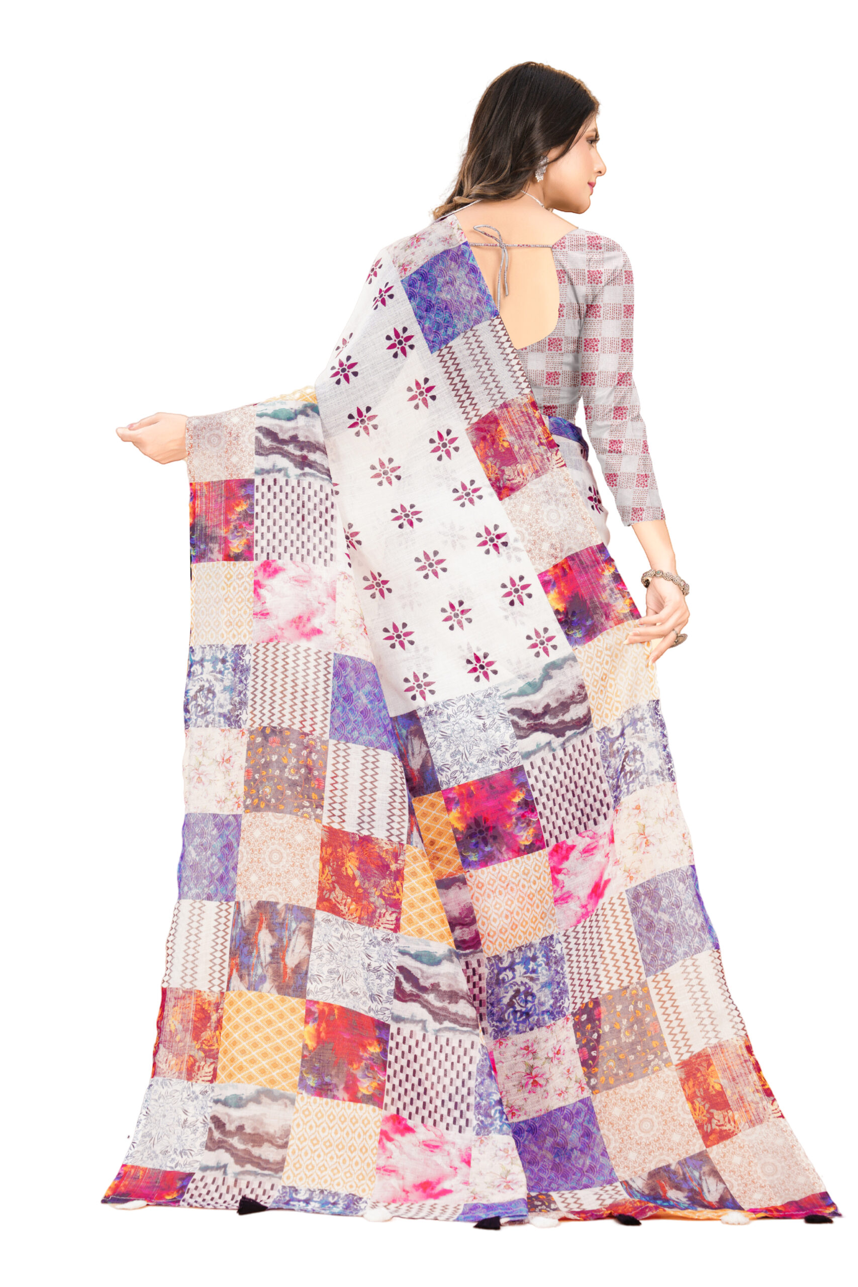 PATCHWORK ELEGANCE LINEN COTTON SAREE - Image 6