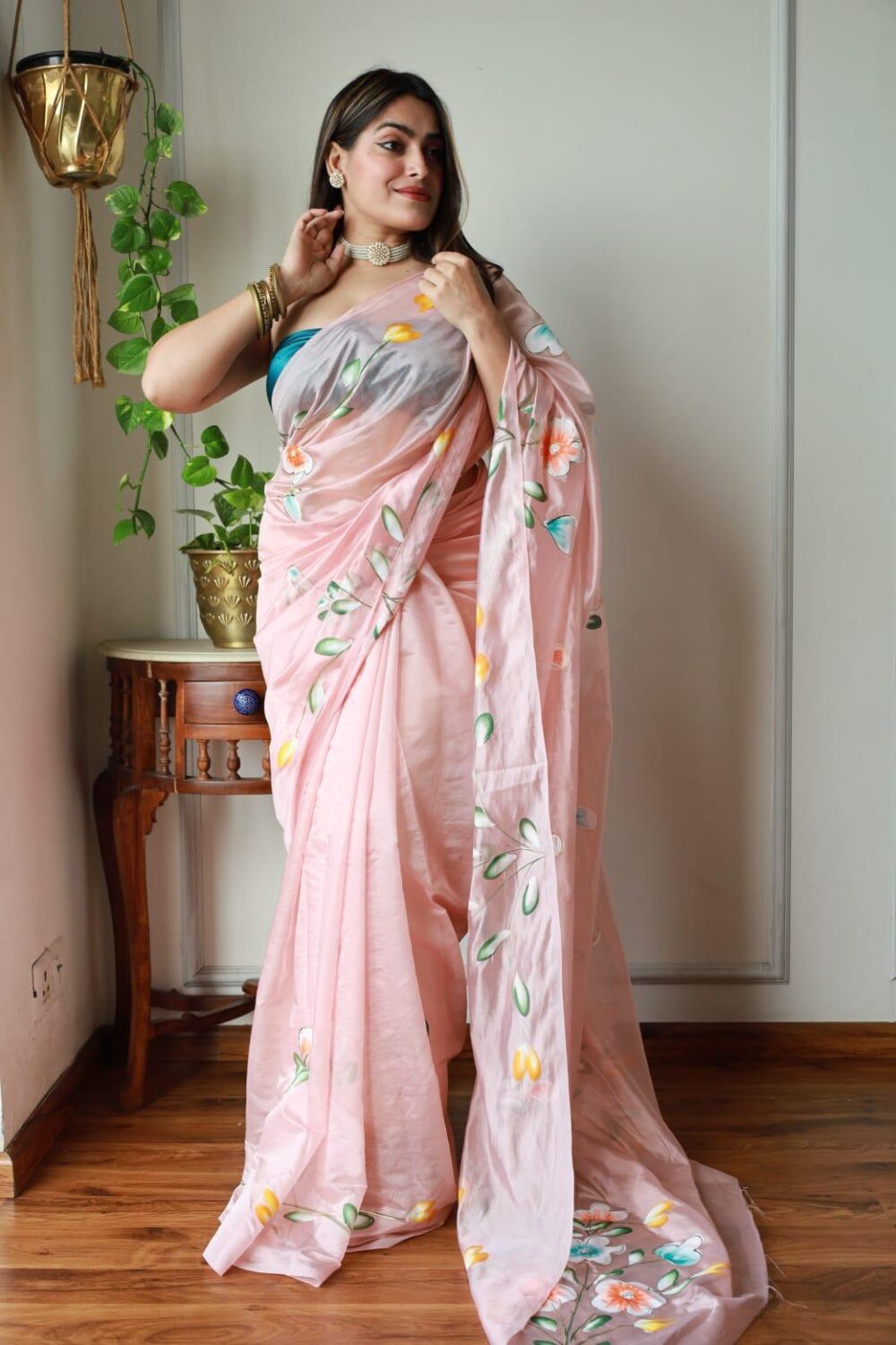 PINK BLOSSOM HAND PAINTED ORGANZA SAREE