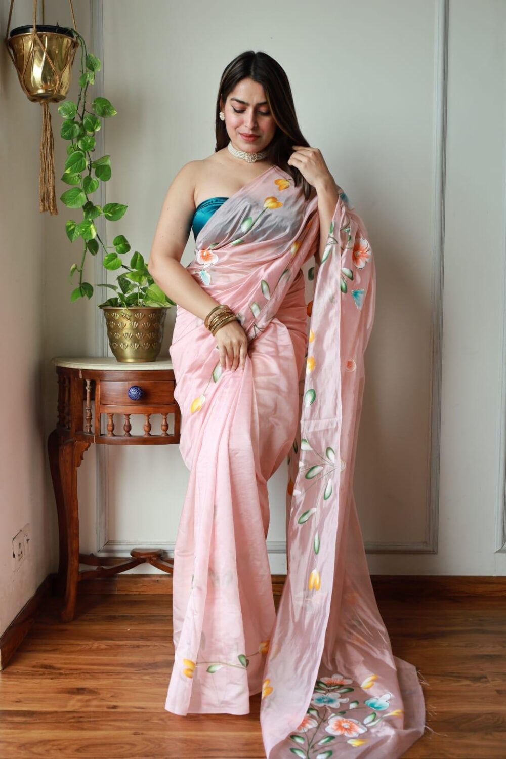 PINK BLOSSOM HAND PAINTED ORGANZA SAREE - Image 2