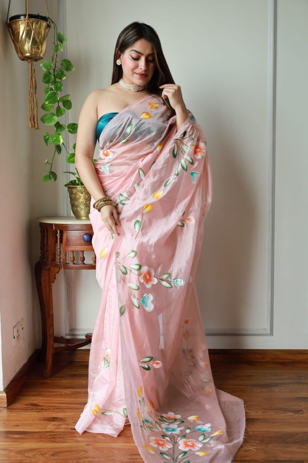 PINK BLOSSOM HAND PAINTED ORGANZA SAREE - Image 5