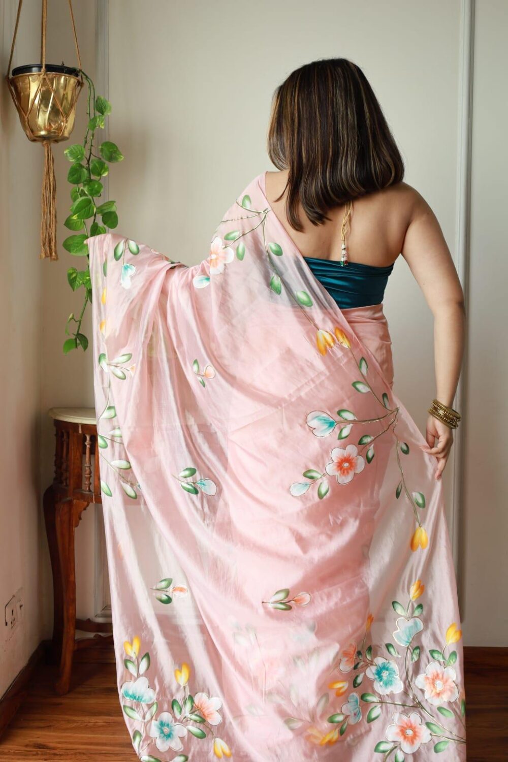PINK BLOSSOM HAND PAINTED ORGANZA SAREE - Image 6