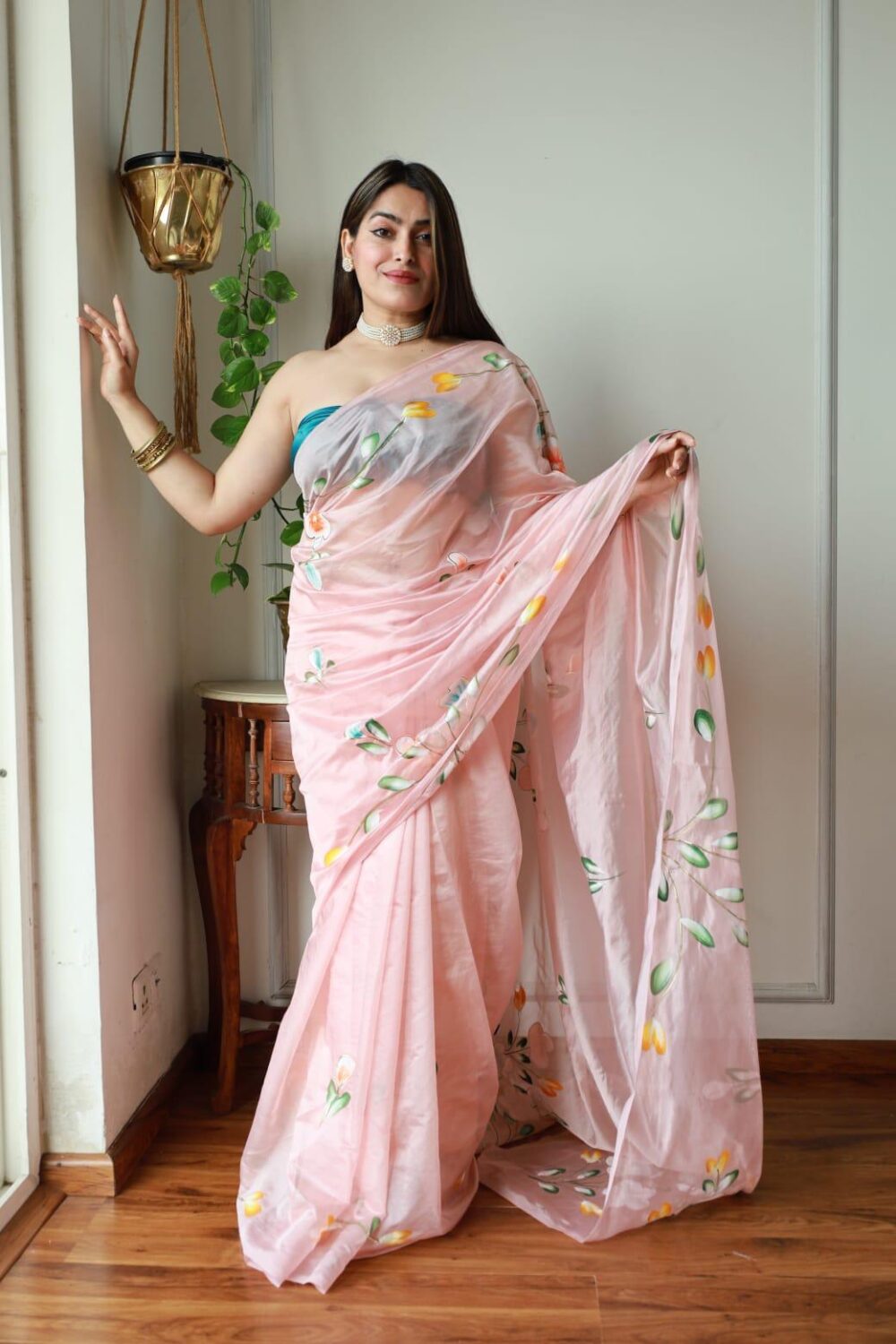 PINK BLOSSOM HAND PAINTED ORGANZA SAREE - Image 8