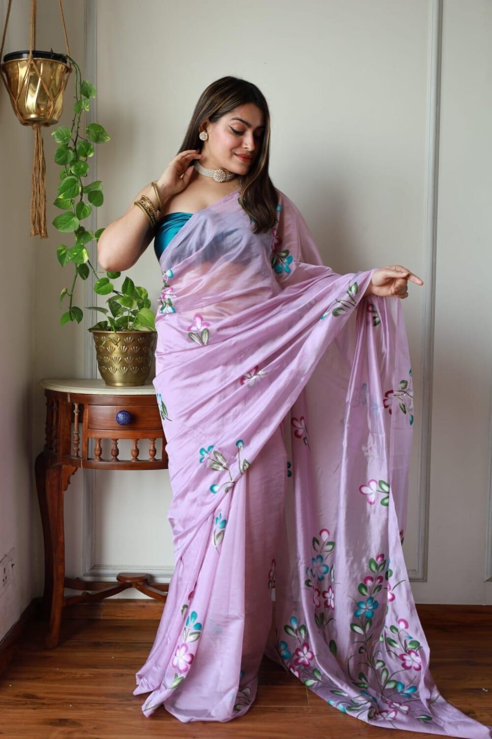 LAVENDER BLOOM HAND PAINTED ORGANZA SAREE