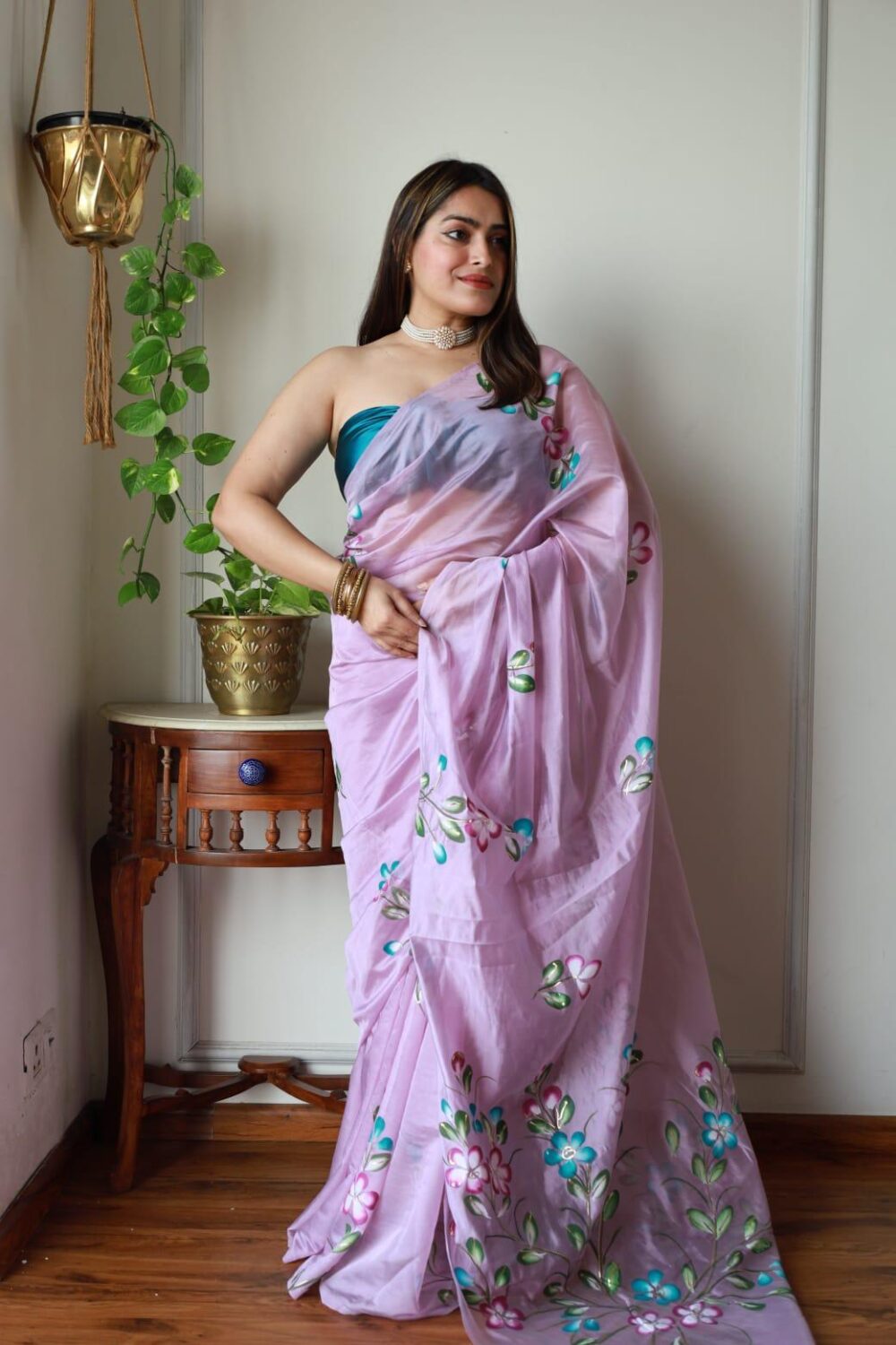 LAVENDER BLOOM HAND PAINTED ORGANZA SAREE - Image 2