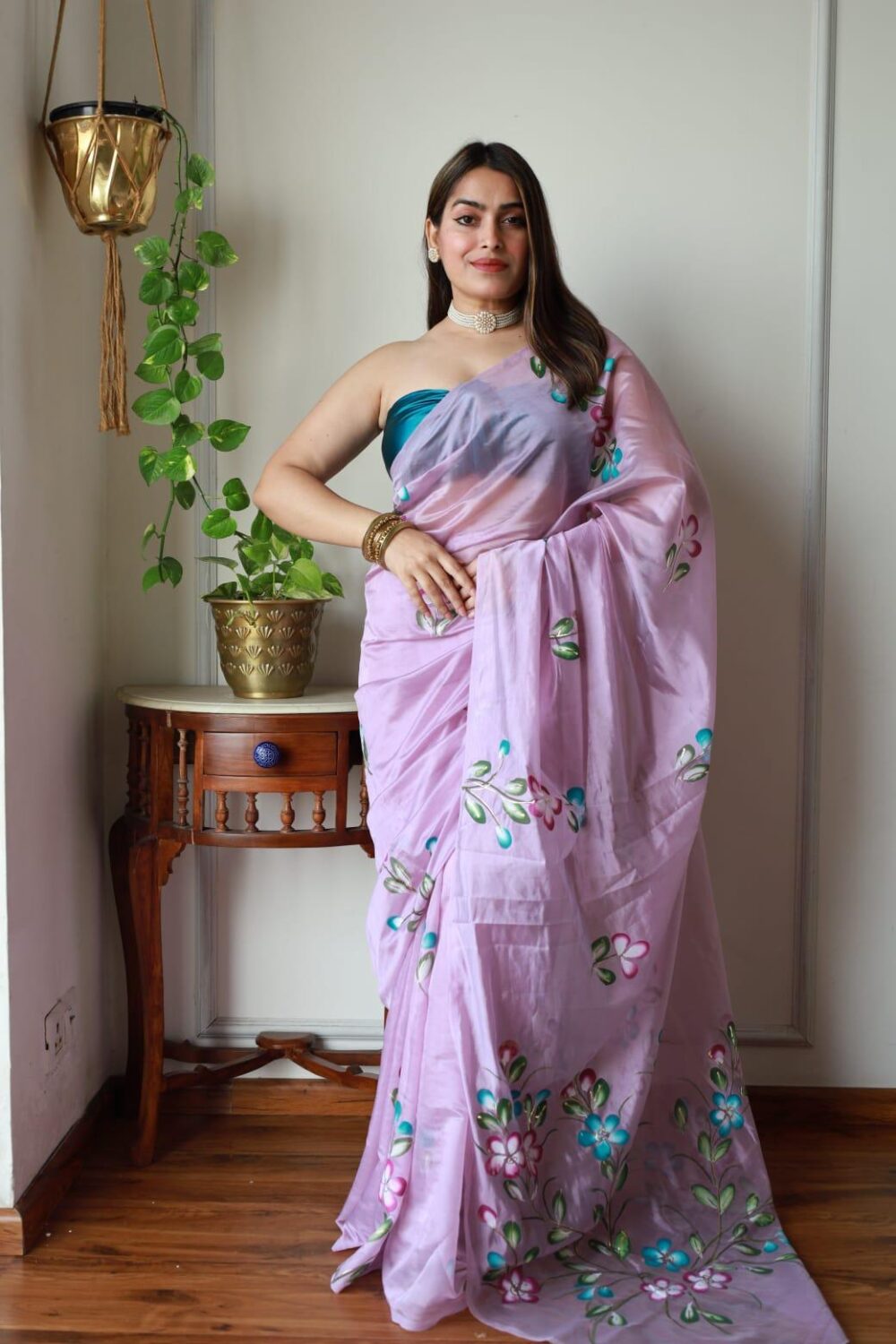 LAVENDER BLOOM HAND PAINTED ORGANZA SAREE - Image 5