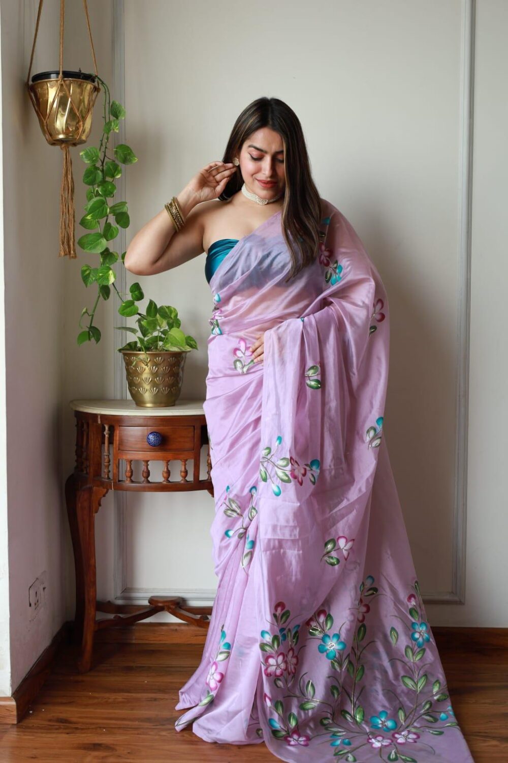 LAVENDER BLOOM HAND PAINTED ORGANZA SAREE - Image 6