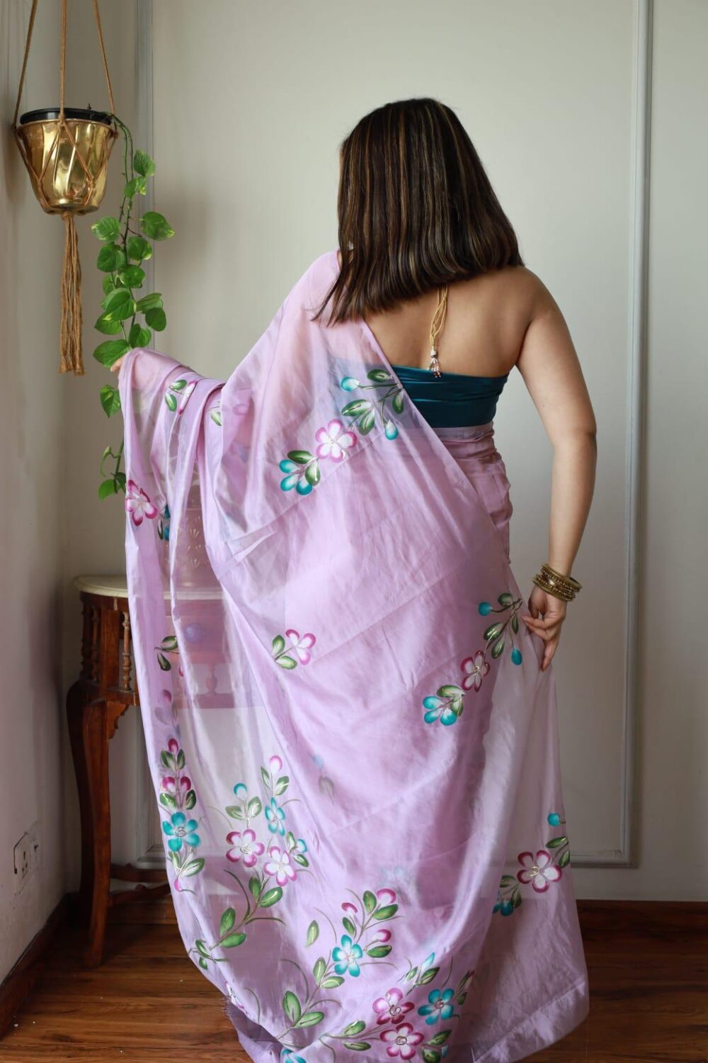 LAVENDER BLOOM HAND PAINTED ORGANZA SAREE - Image 7