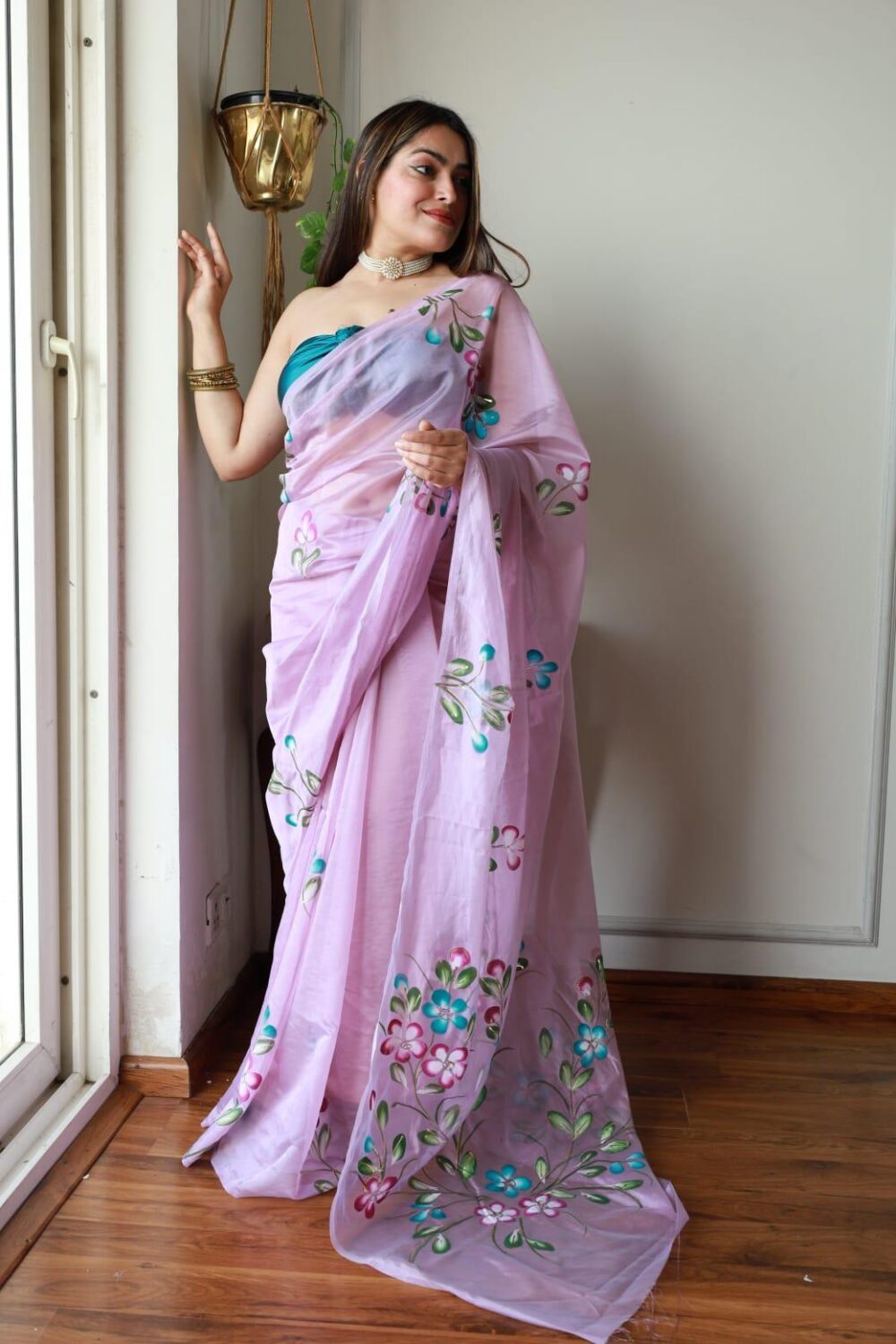 LAVENDER BLOOM HAND PAINTED ORGANZA SAREE - Image 8