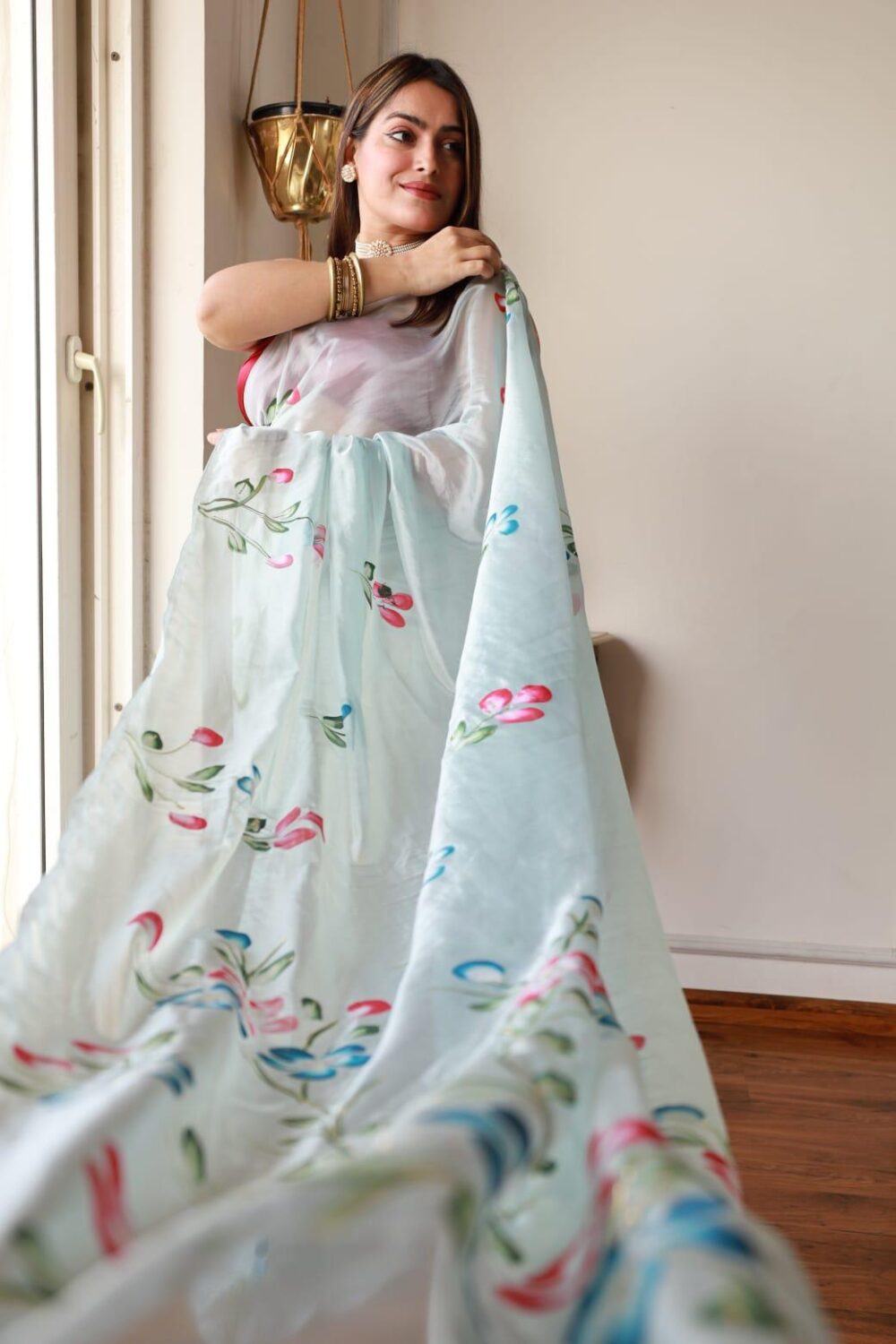 SPRING WHISPER HAND PAINTED ORGANZA SAREE - Image 3