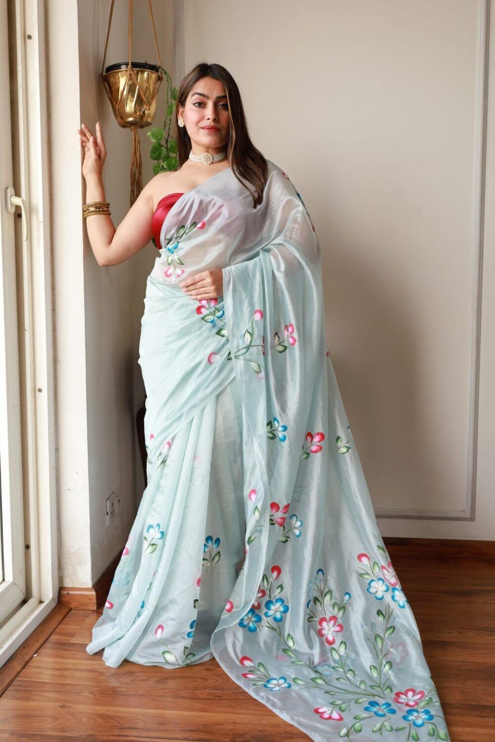 SPRING WHISPER HAND PAINTED ORGANZA SAREE - Image 4