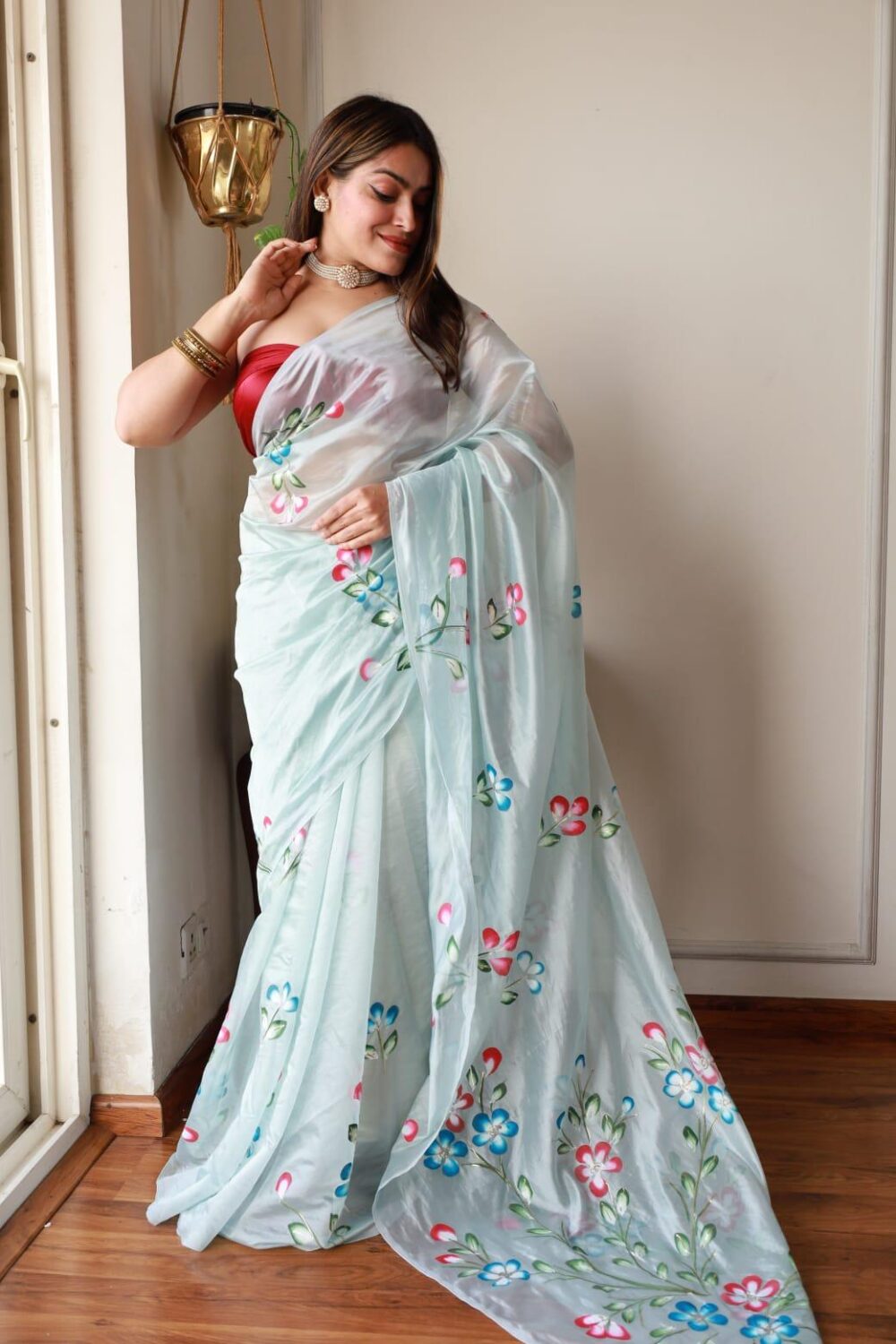 SPRING WHISPER HAND PAINTED ORGANZA SAREE - Image 5