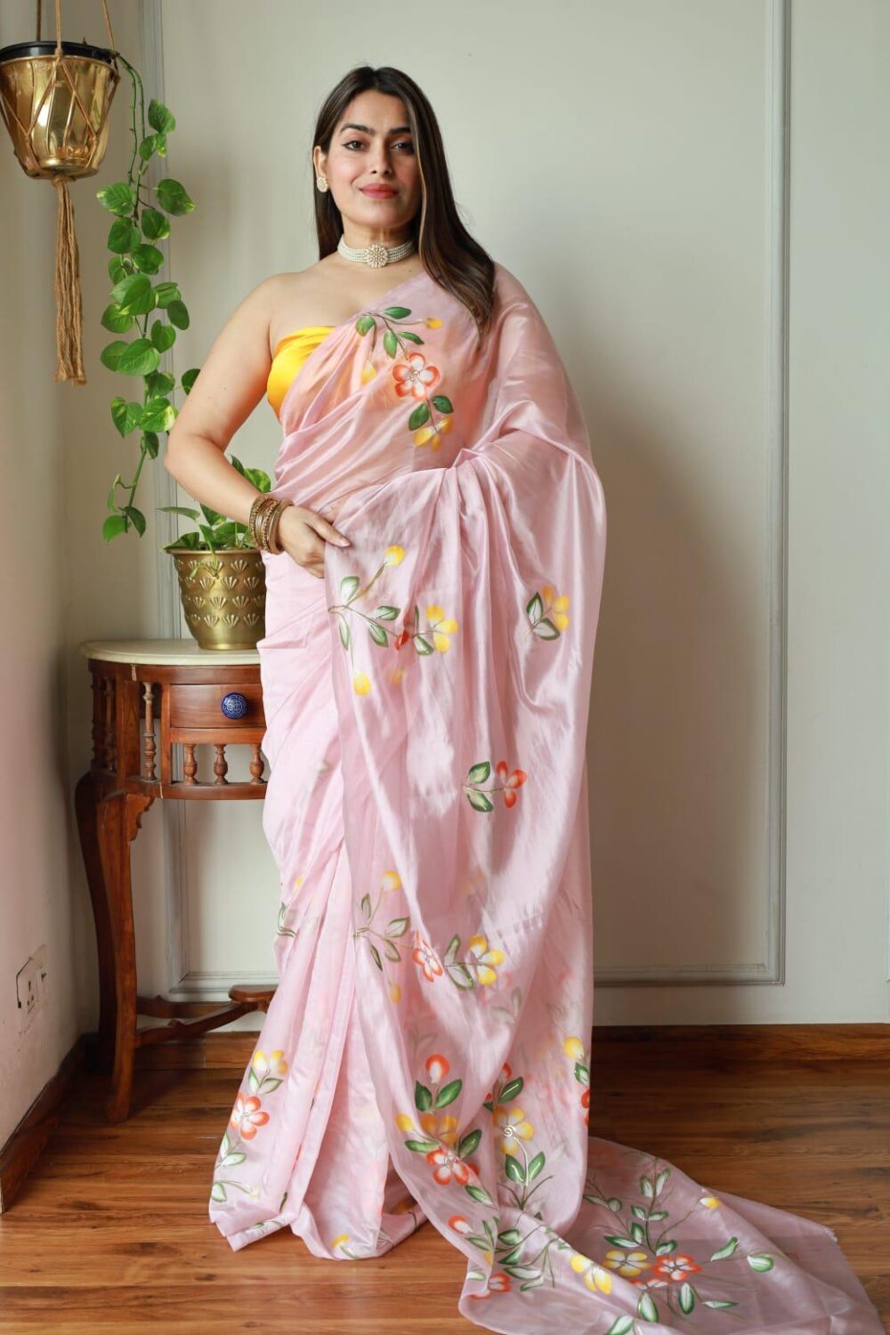 BLUSH PINK HAND PAINTED ORGANZA SAREE