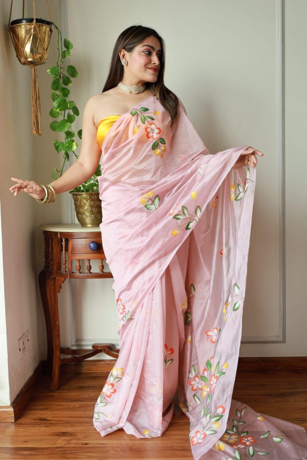 BLUSH PINK HAND PAINTED ORGANZA SAREE - Image 2