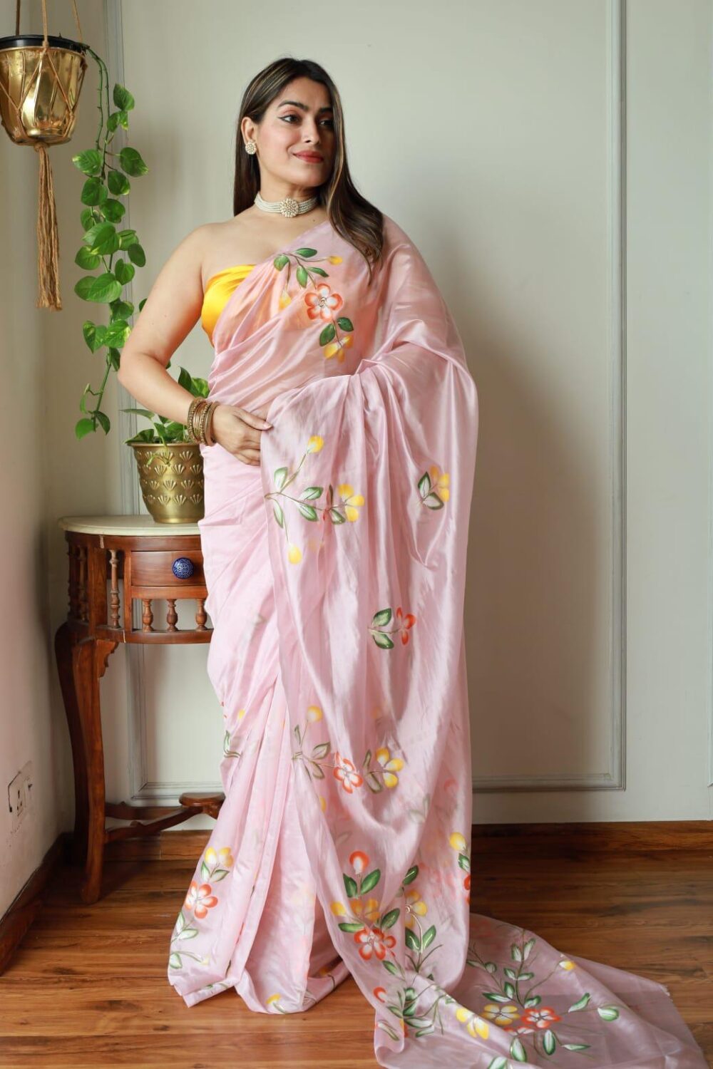 BLUSH PINK HAND PAINTED ORGANZA SAREE - Image 3