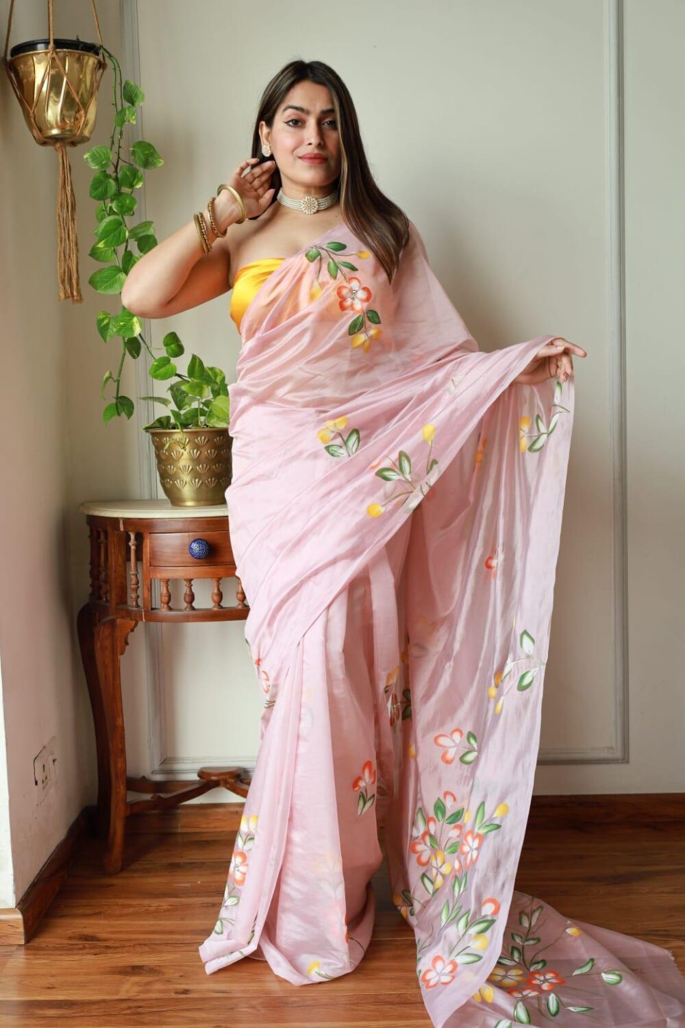 BLUSH PINK HAND PAINTED ORGANZA SAREE - Image 6
