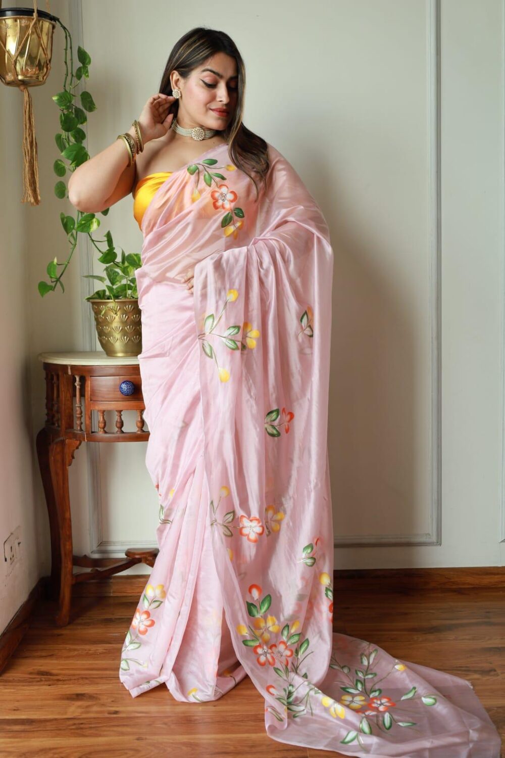BLUSH PINK HAND PAINTED ORGANZA SAREE - Image 7